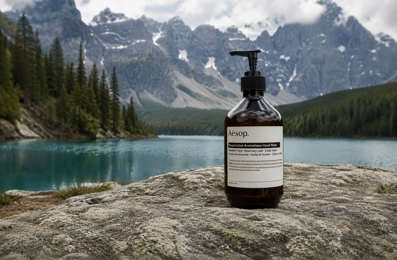 Before-and-after comparison of a bottle removed from a mountain lake photo while keeping the rock surface and background intact. overlay