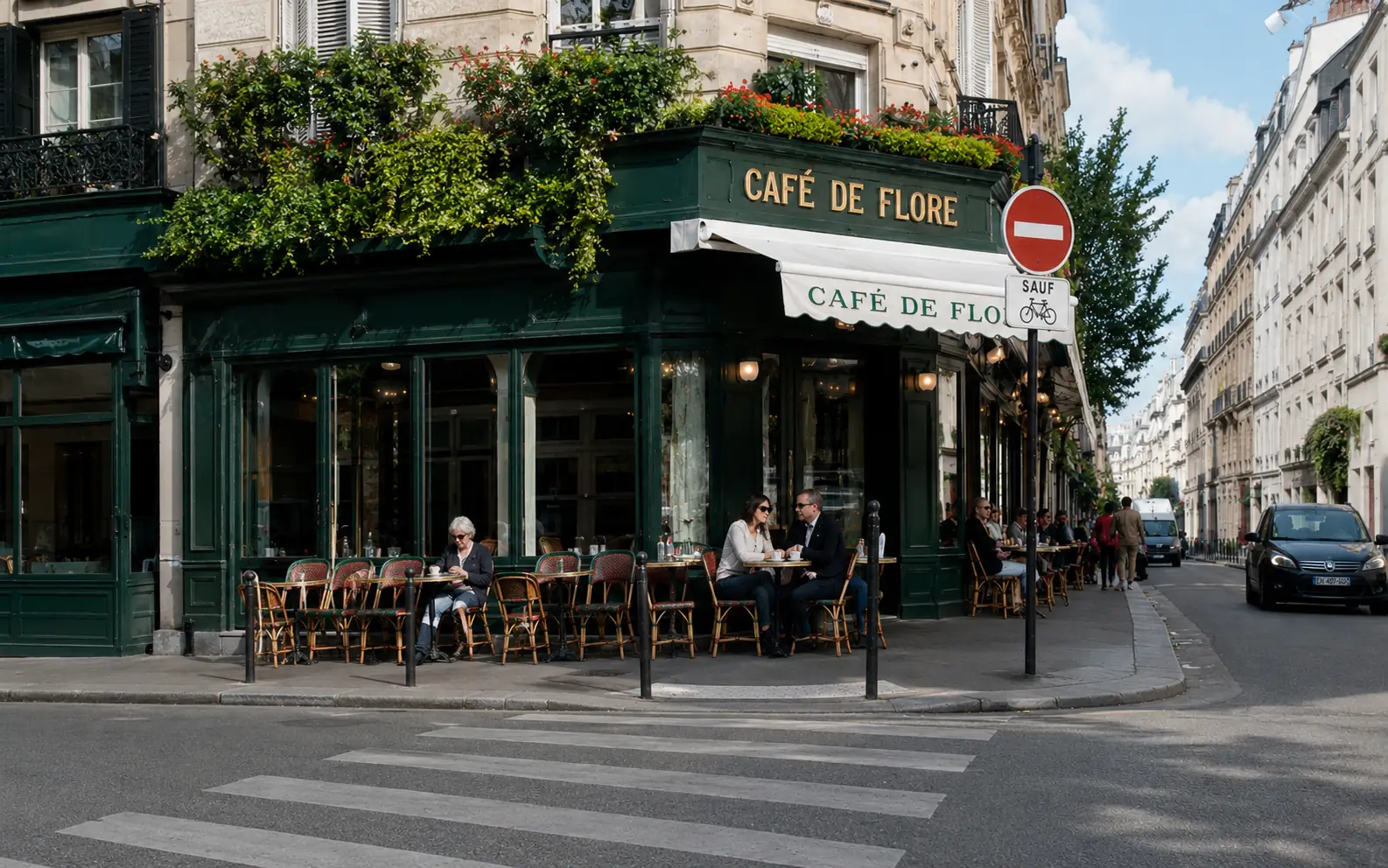 Before-and-after comparison of a foreground person removed from a Paris cafe street photo. overlay