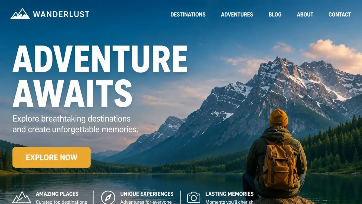 Before-and-after comparison of a travel banner sharpened for clearer headline text, icons, and mountain edges. overlay