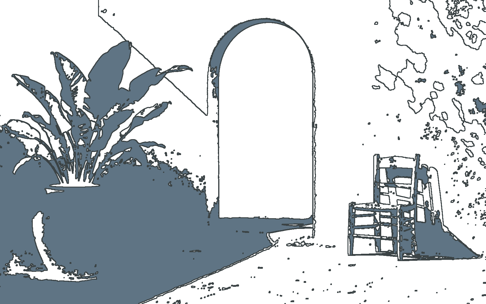 A sunlit adobe courtyard compared with one indigo value group isolated and the value boundaries outlined. result