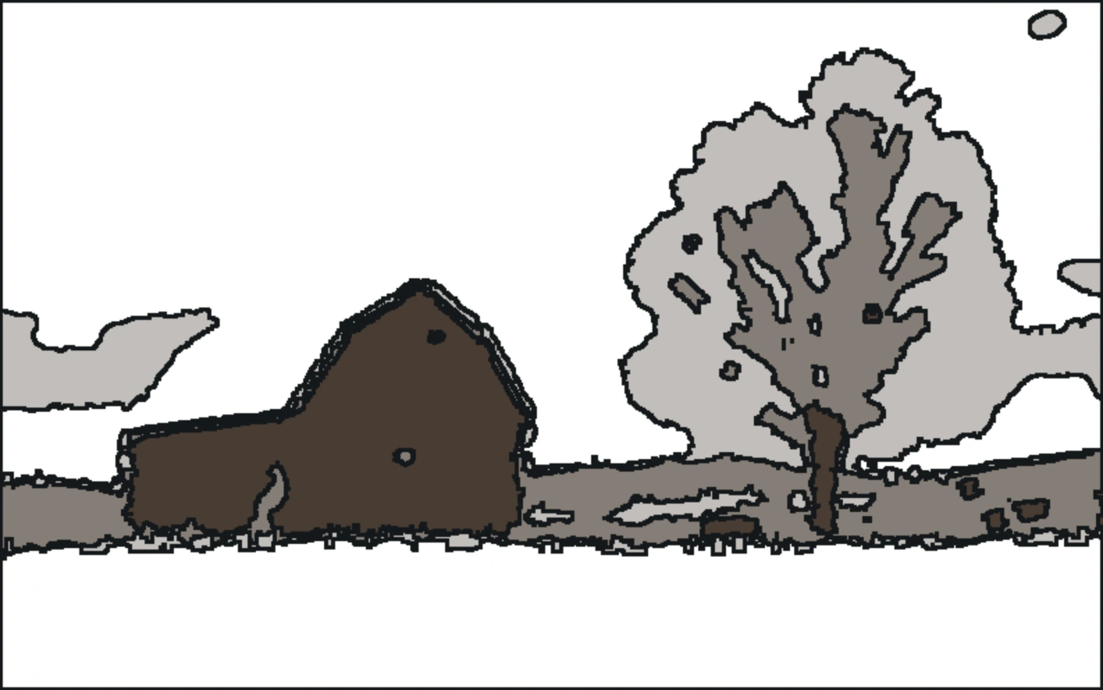 A red barn and leafless tree in a snowy field compared with the same landscape grouped into four broad values with outlines.