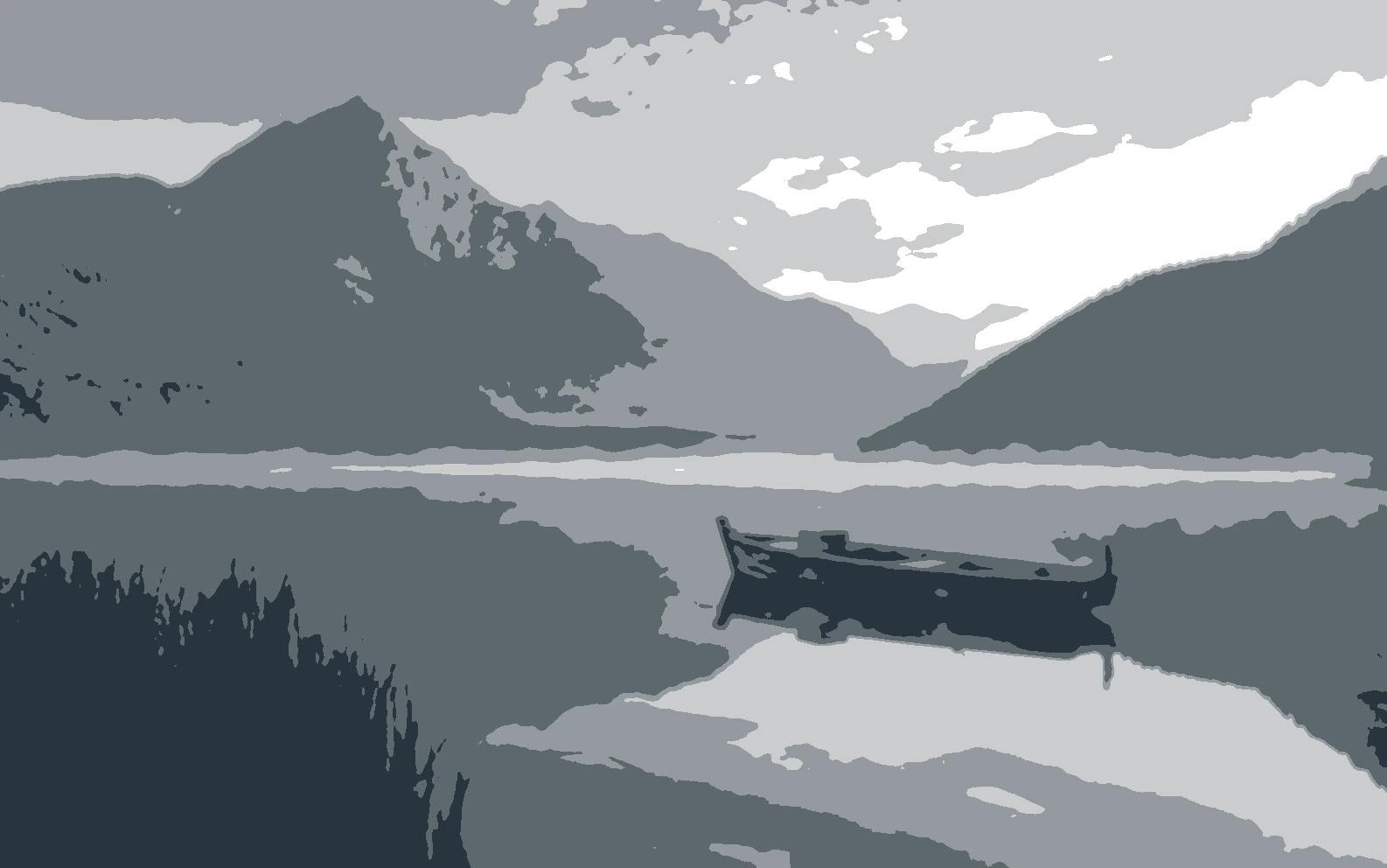 A wooden fishing boat on a misty mountain lake compared with the same scene simplified into five tonal values. result