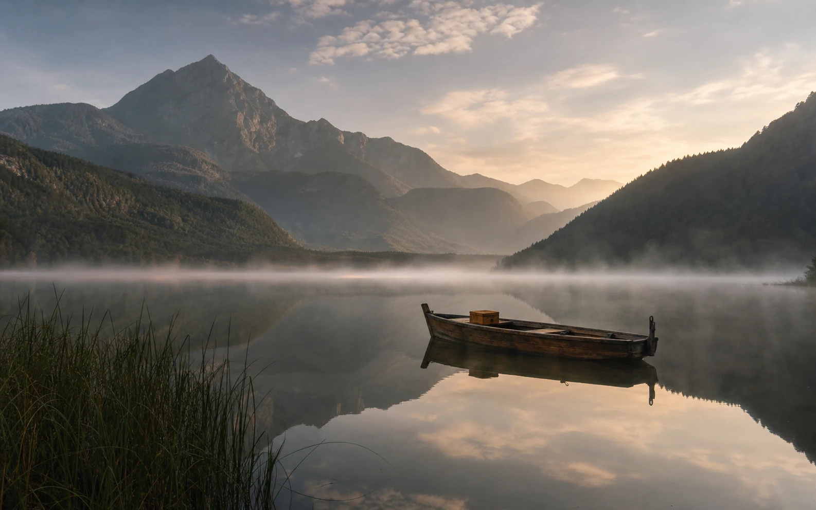 A wooden fishing boat on a misty mountain lake compared with the same scene simplified into five tonal values.