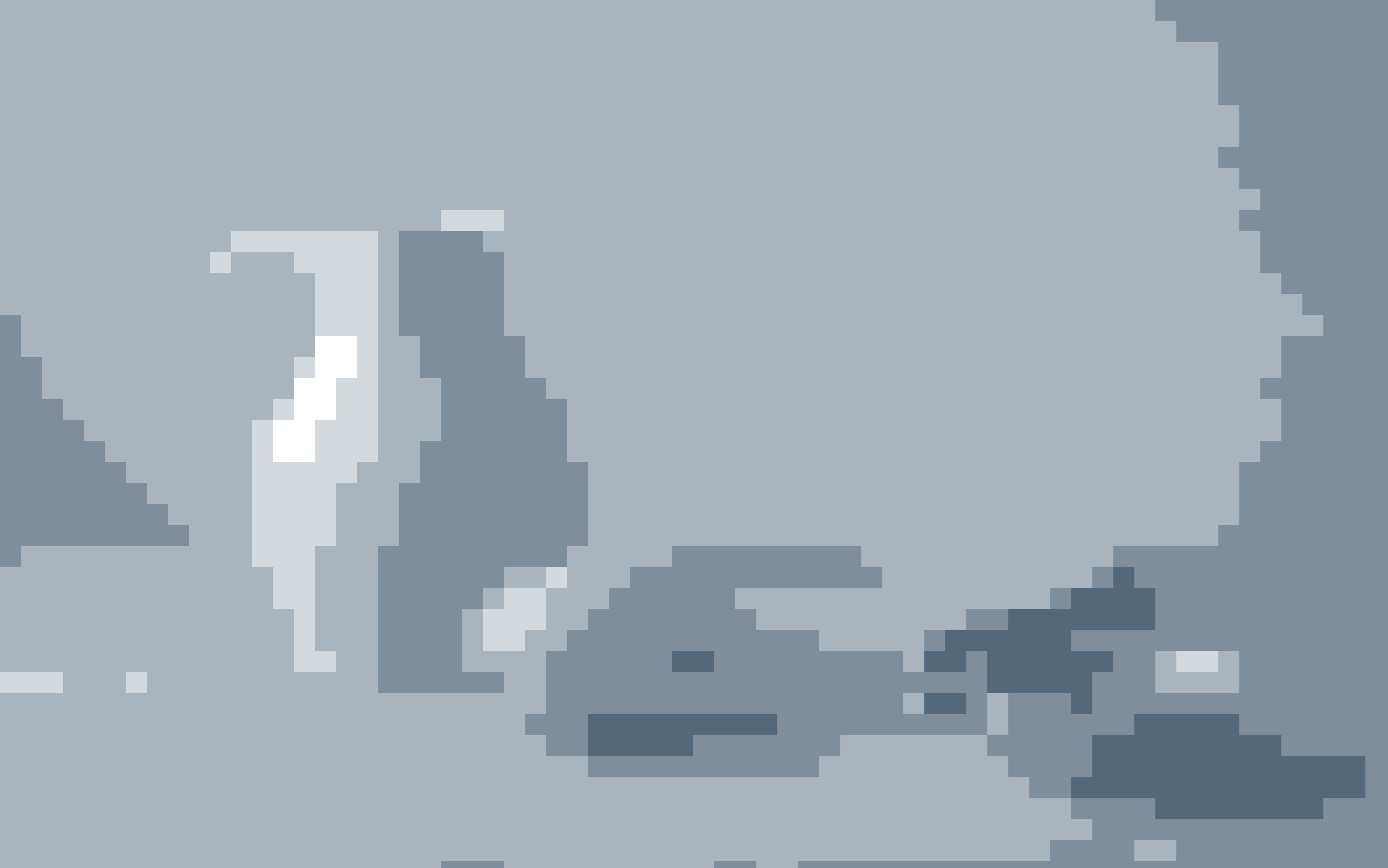 A softly lit still life compared with the same scene rendered as five blue-gray block values. result