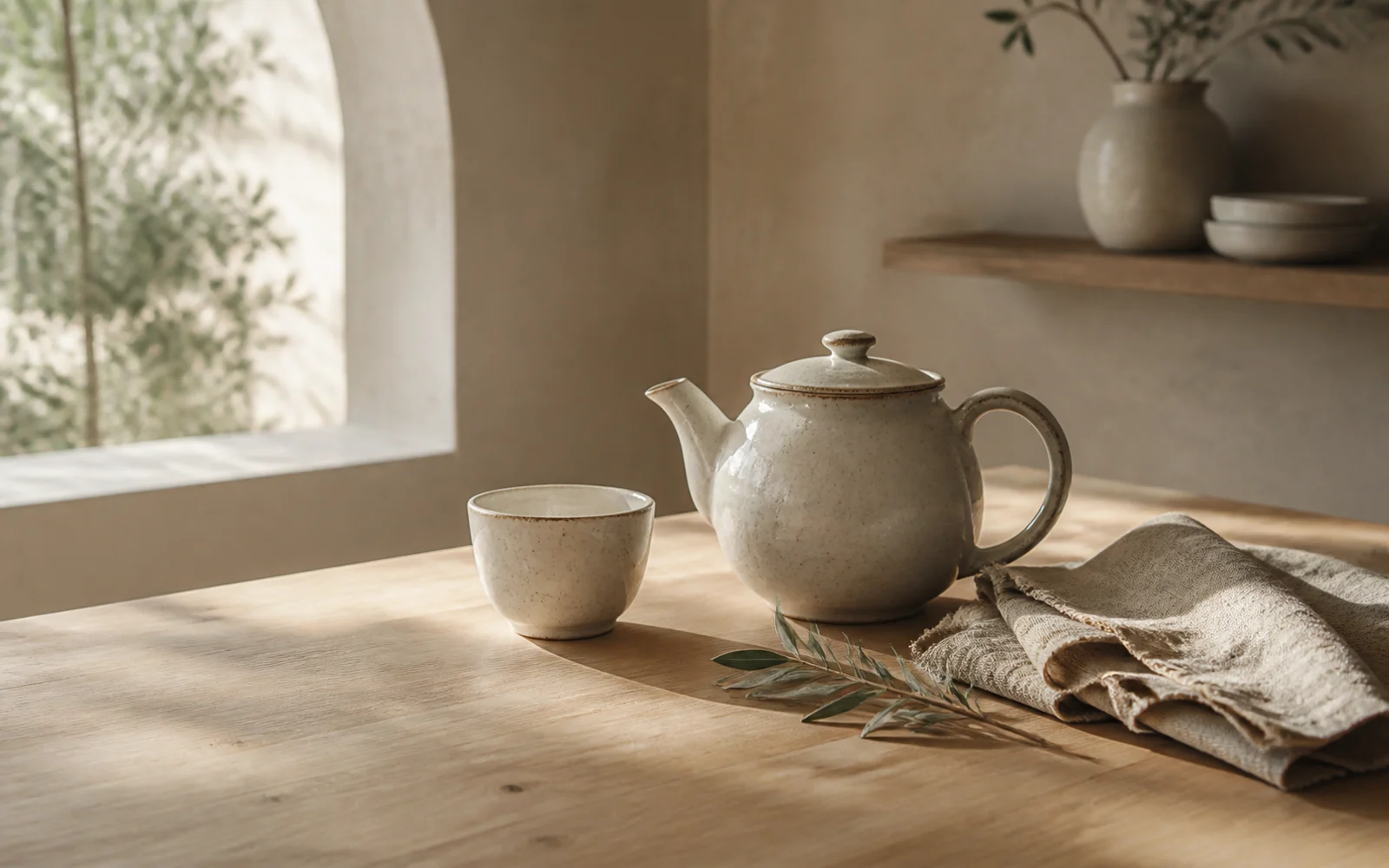 Handmade ceramic teapot and cup arranged in warm morning light beside linen and an olive branch.