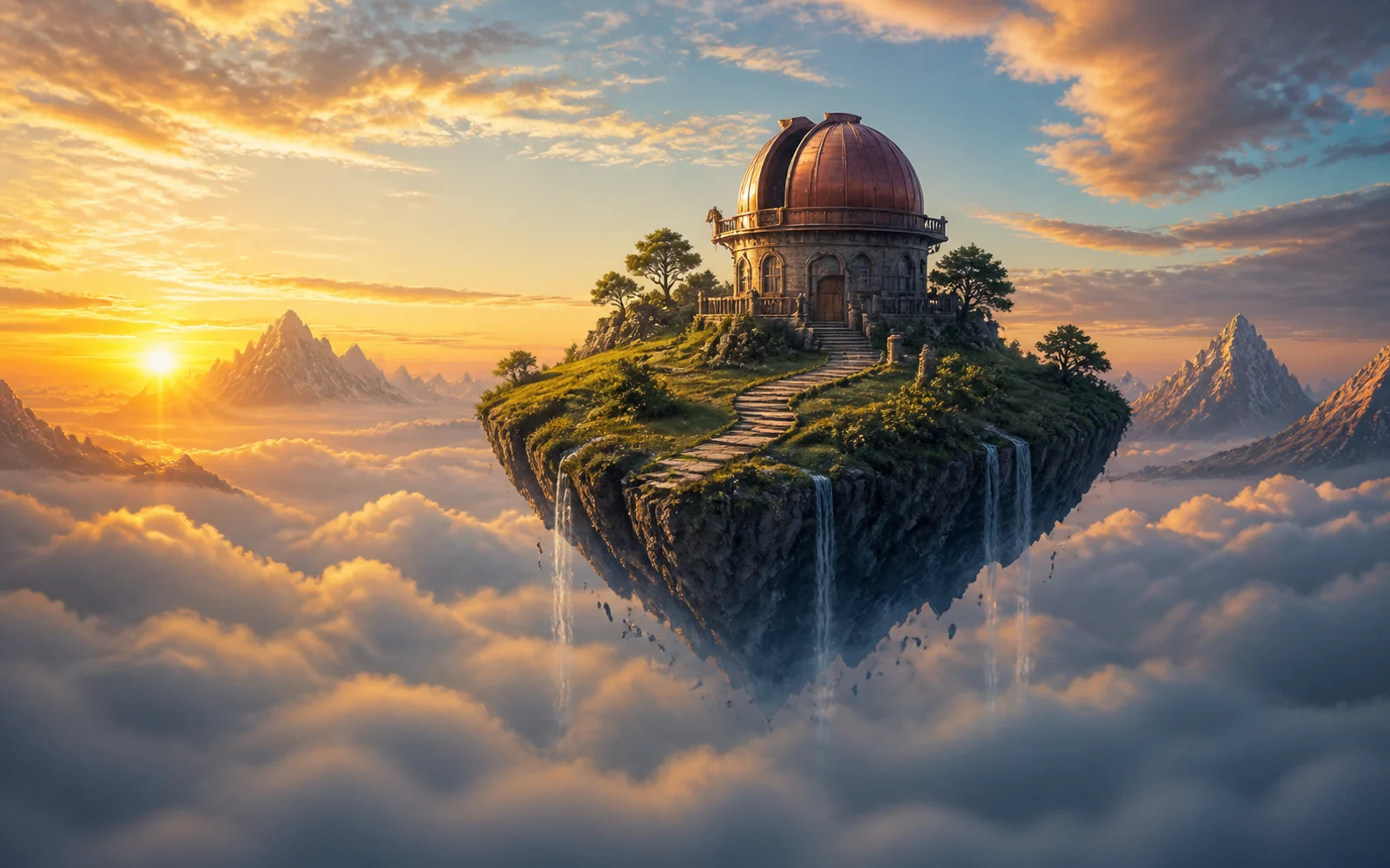 Floating island with a copper-domed stone observatory above sunrise clouds and distant mountains.