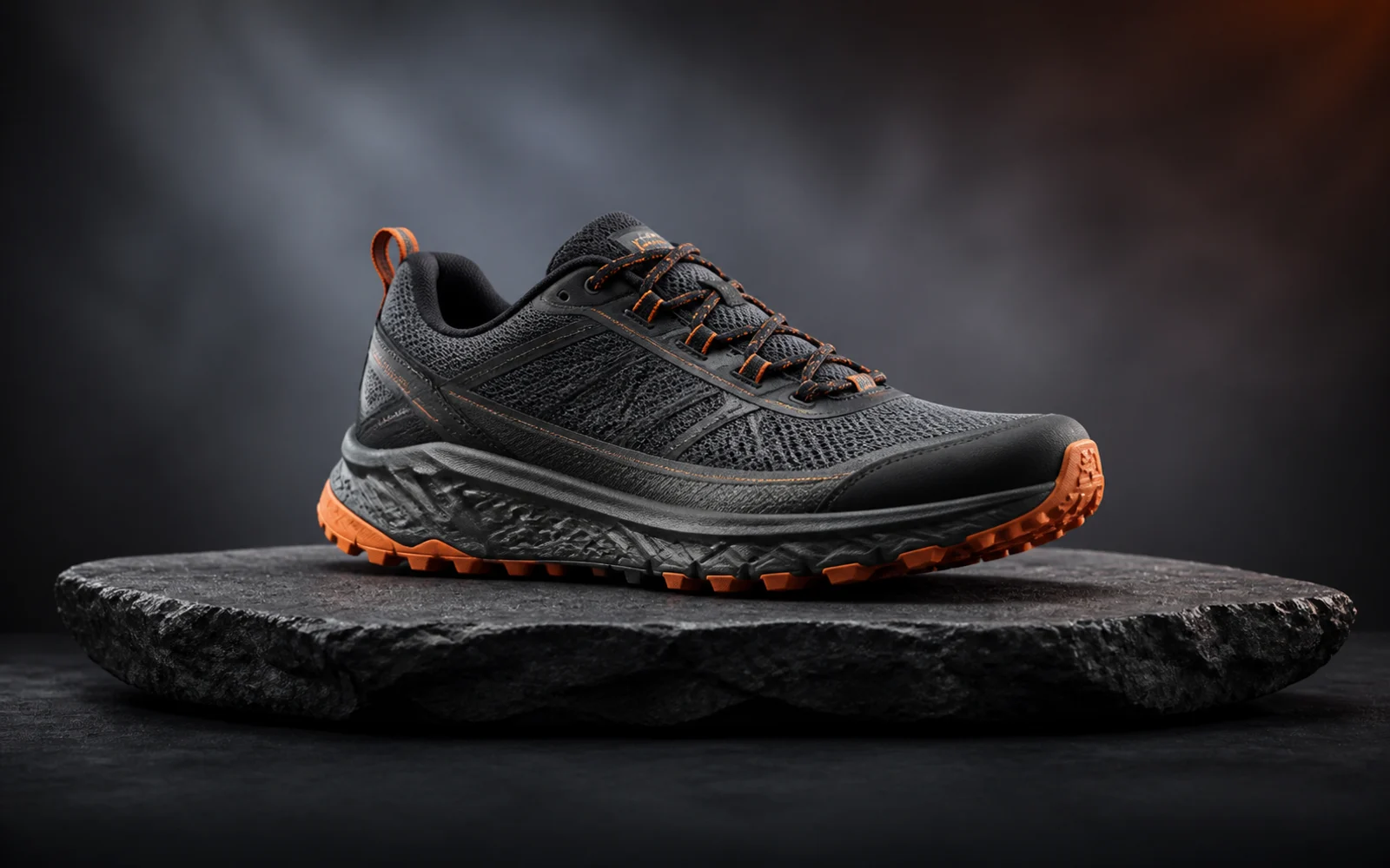 Unbranded charcoal trail running shoe with orange accents photographed on a slate pedestal.
