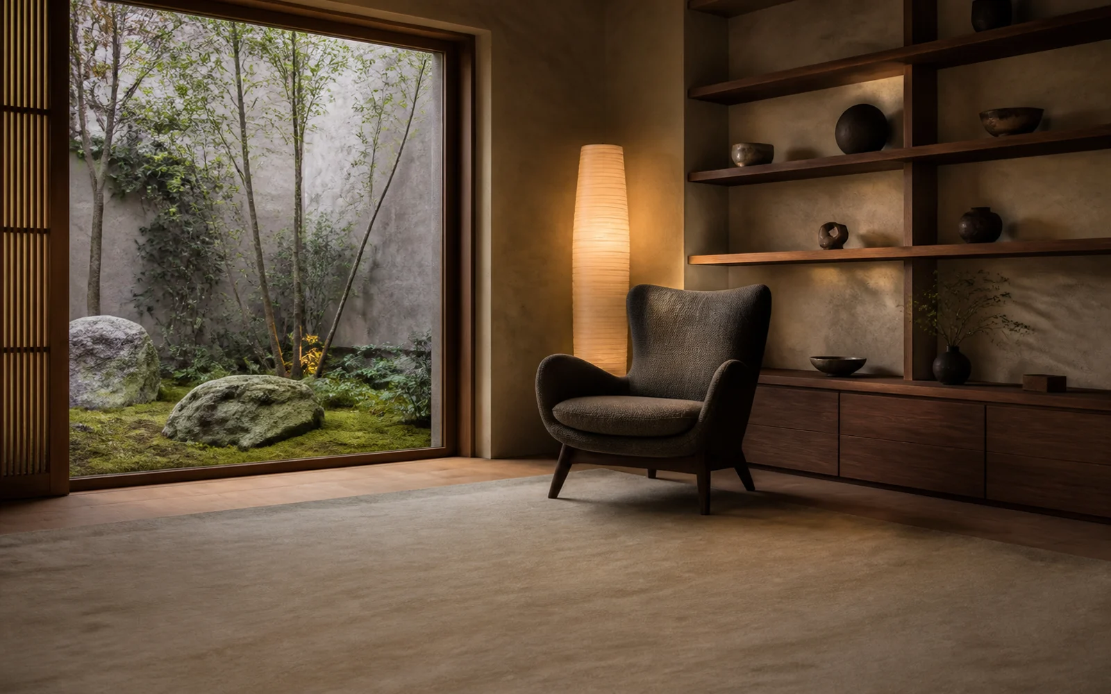 Quiet walnut reading room with a charcoal lounge chair, rice-paper lamp, and moss garden view.