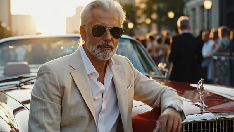 Silver-haired man by a vintage car source thumbnail