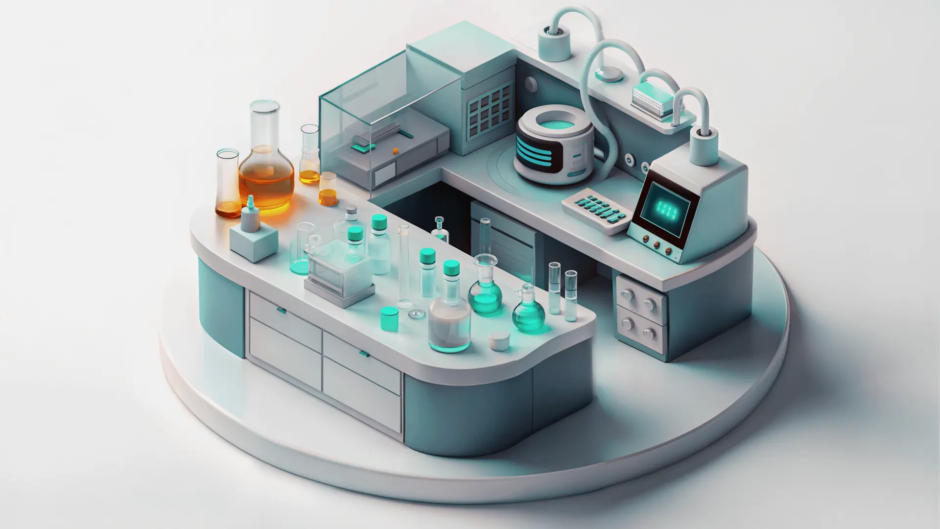 Before-and-after comparison of a low-resolution lab illustration enlarged with cleaner equipment, glassware, and scene detail. overlay