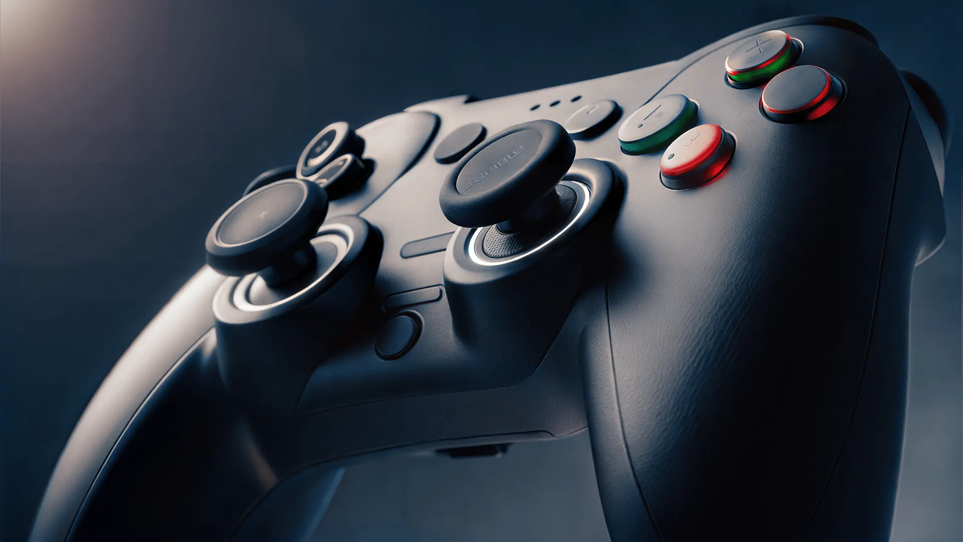 Before-and-after comparison of a game controller close-up enlarged with clearer buttons, edges, and surface detail. overlay