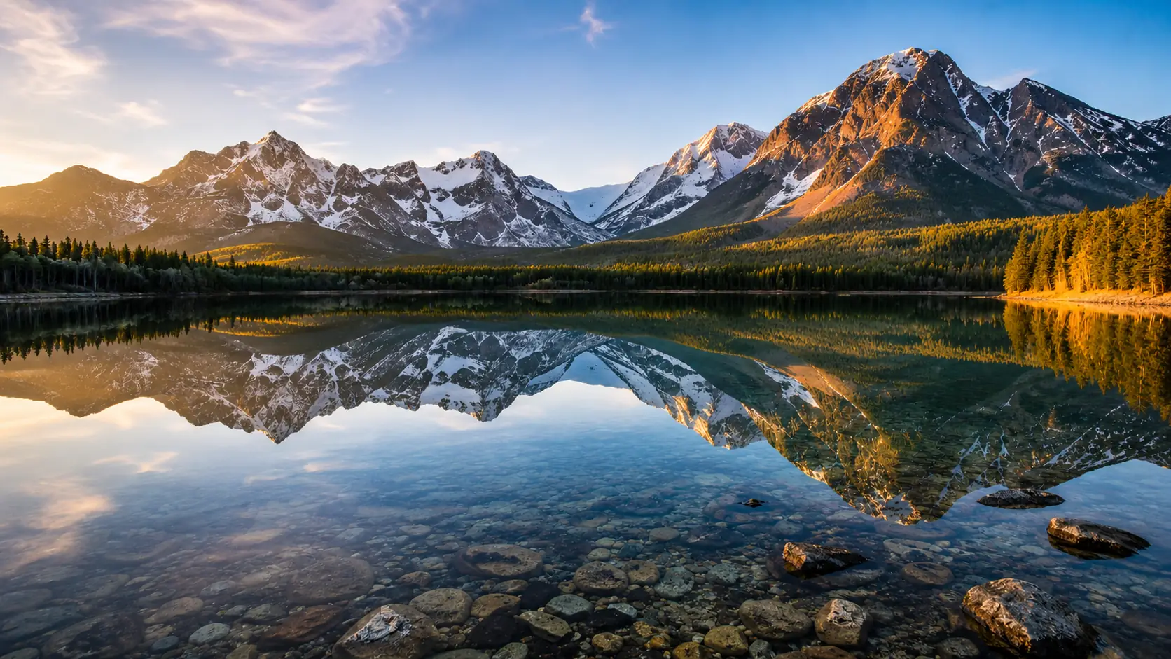 Before-and-after comparison of large stock photo text removed from a mountain lake image. overlay