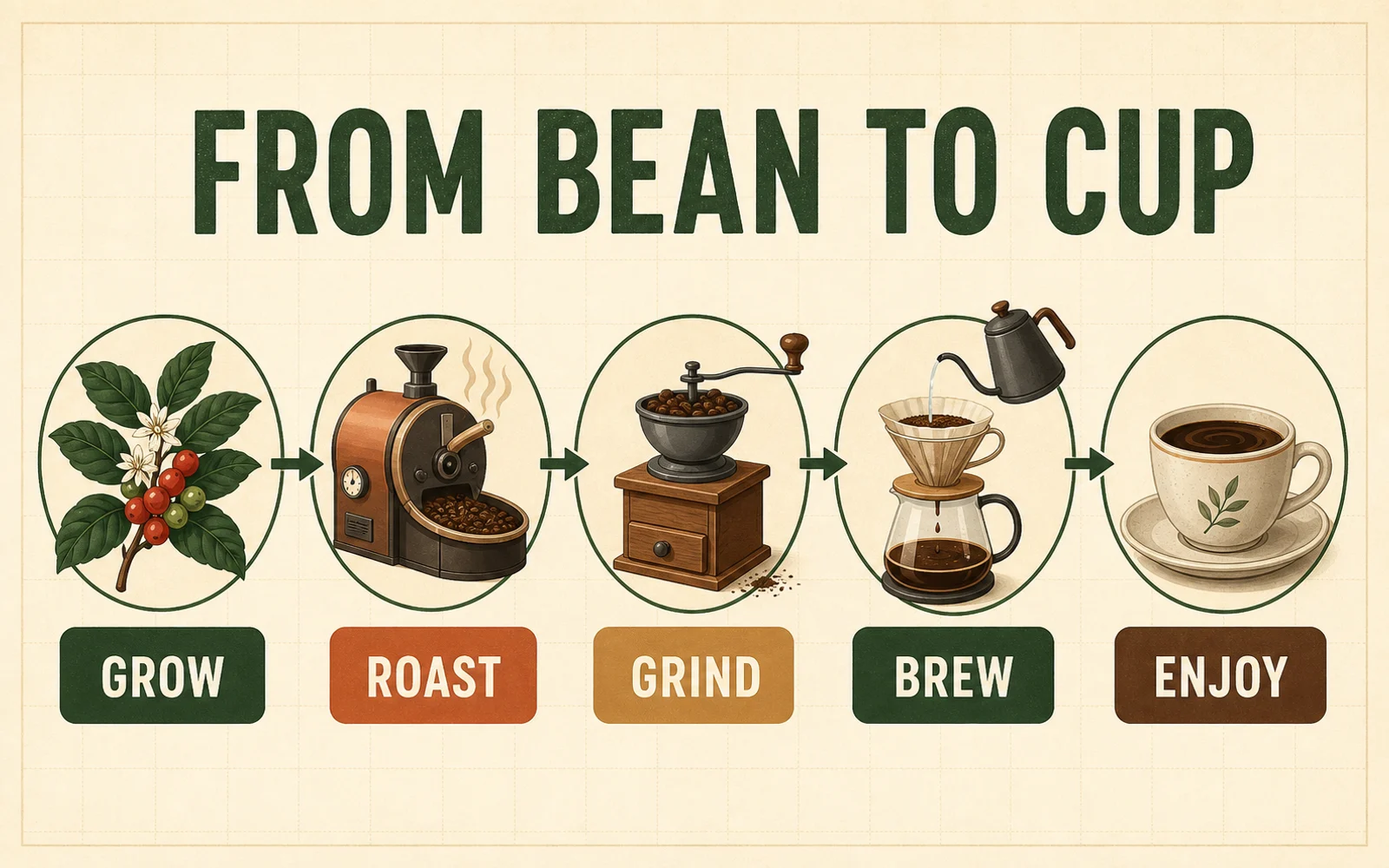 Bean-to-cup process infographic with five labeled stages from growing coffee to enjoying the finished drink.