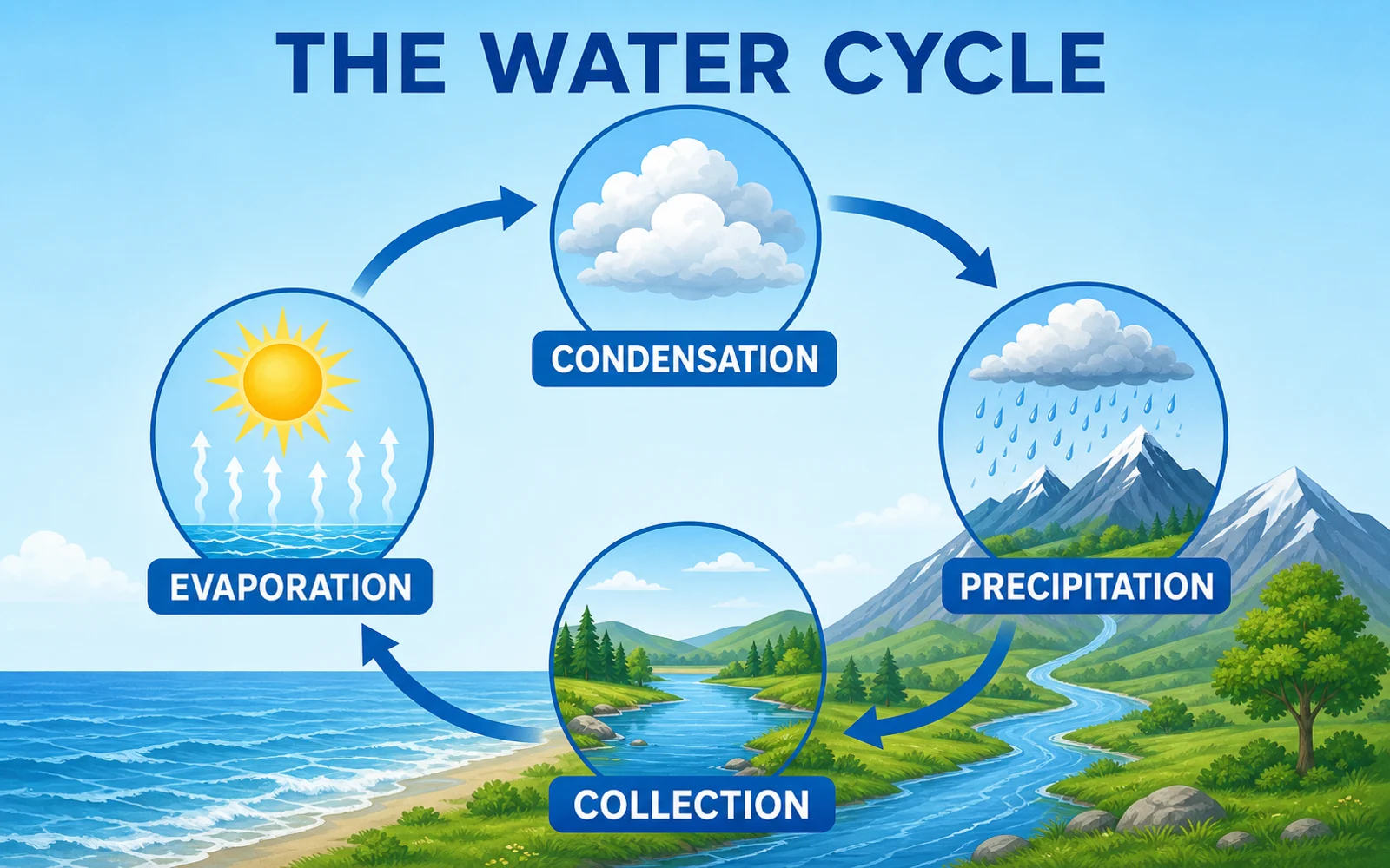 Educational water-cycle infographic showing evaporation, condensation, precipitation, and collection in a labeled loop.