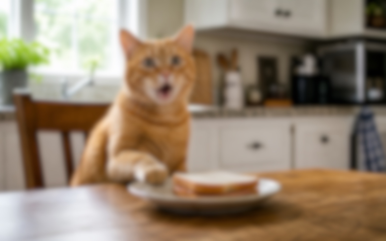 A clear surprised orange cat beside a sandwich compared with the same photo after strong blur. result