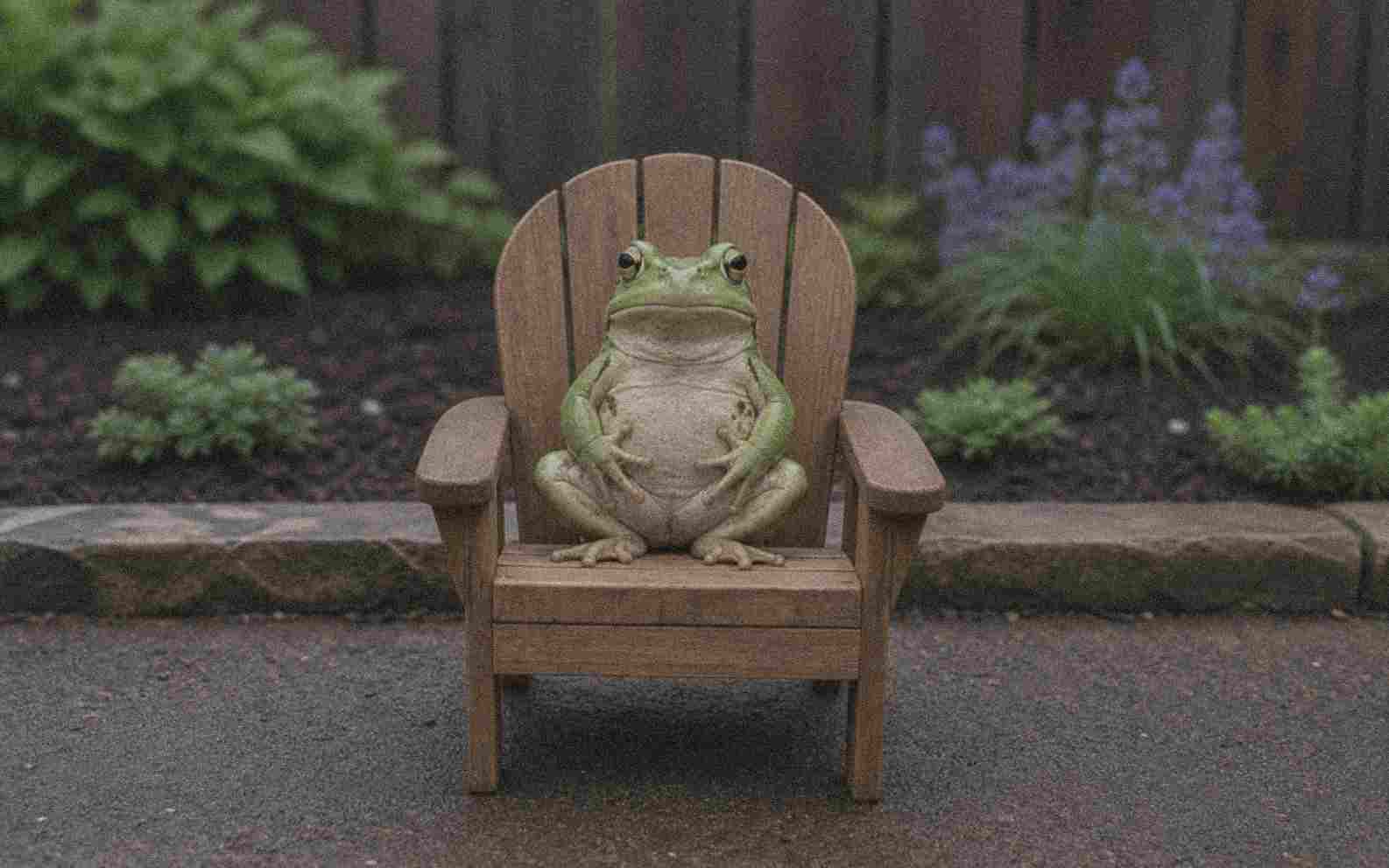 A serious frog sitting on a small garden chair compared with a grainy JPEG-compressed version.
