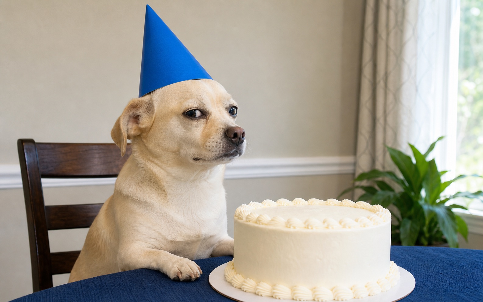 A clear skeptical dog in a party hat compared with the same photo after noise and JPEG compression.