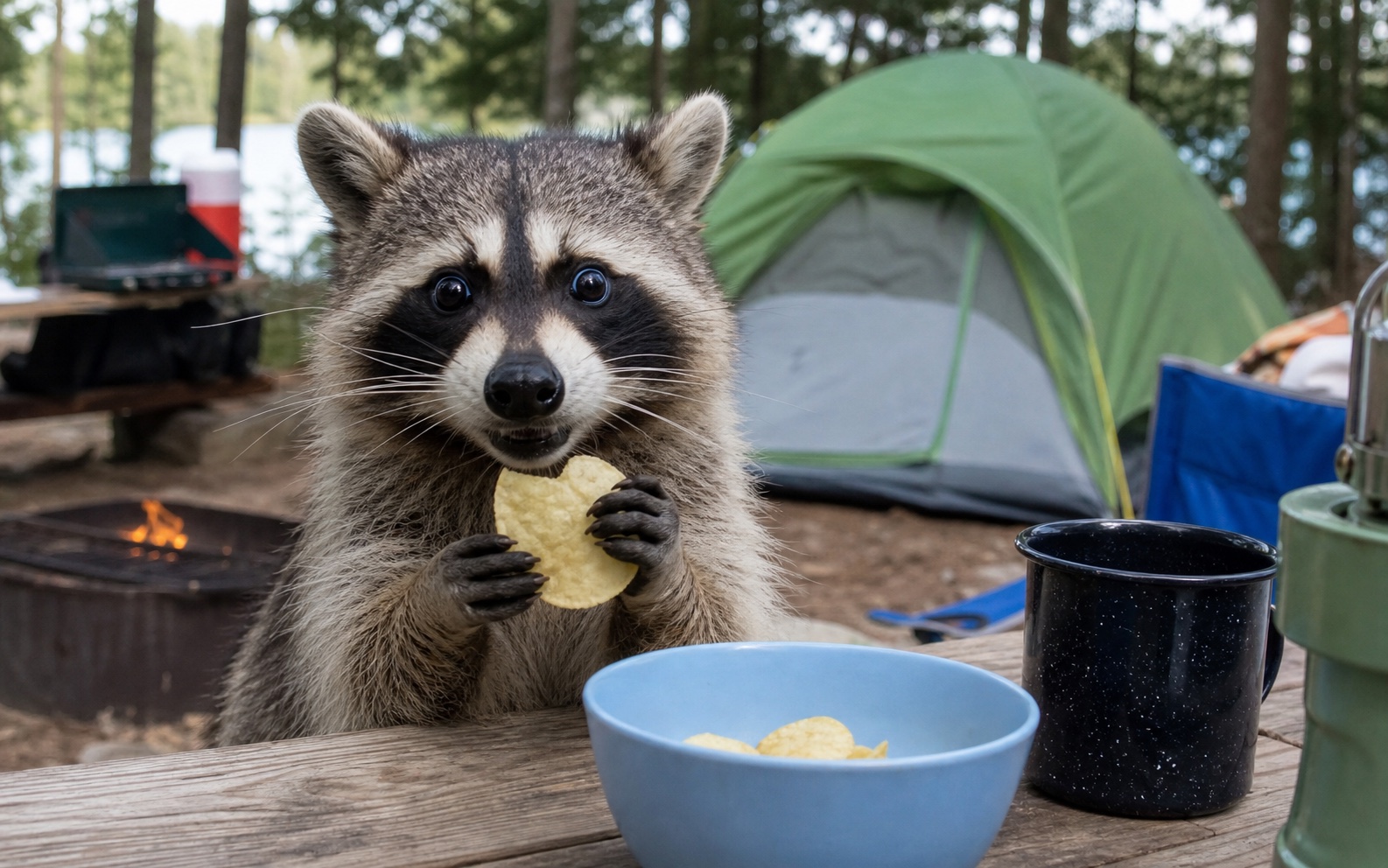 A clear surprised raccoon holding a potato chip compared with the same photo after pixelation.