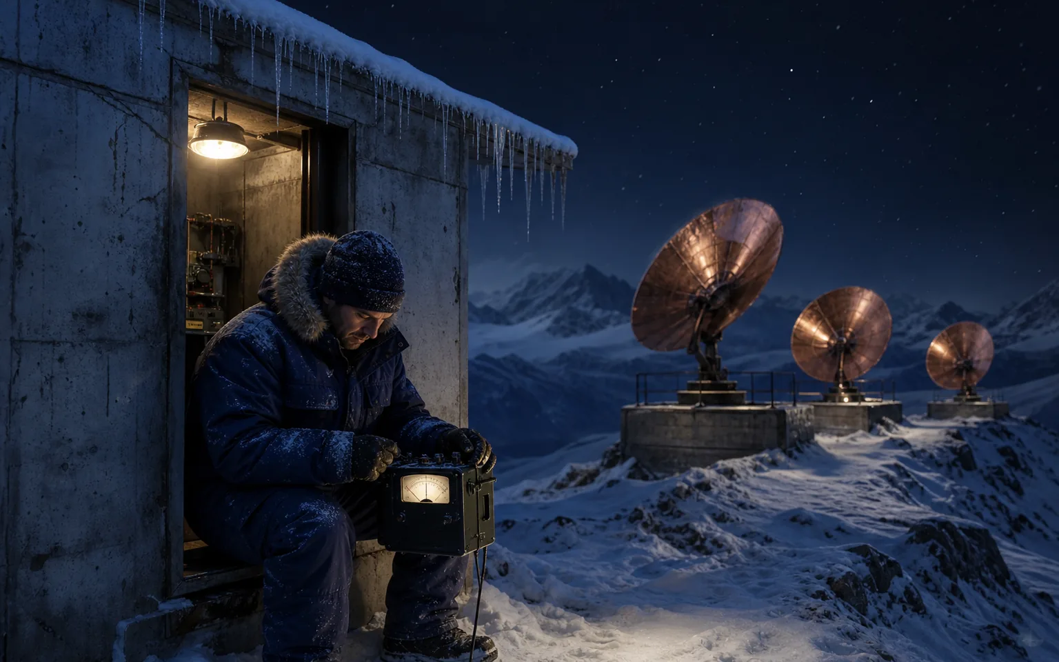 Engineer monitoring copper dish antennas and a portable signal receiver at a snowy alpine listening post at night.