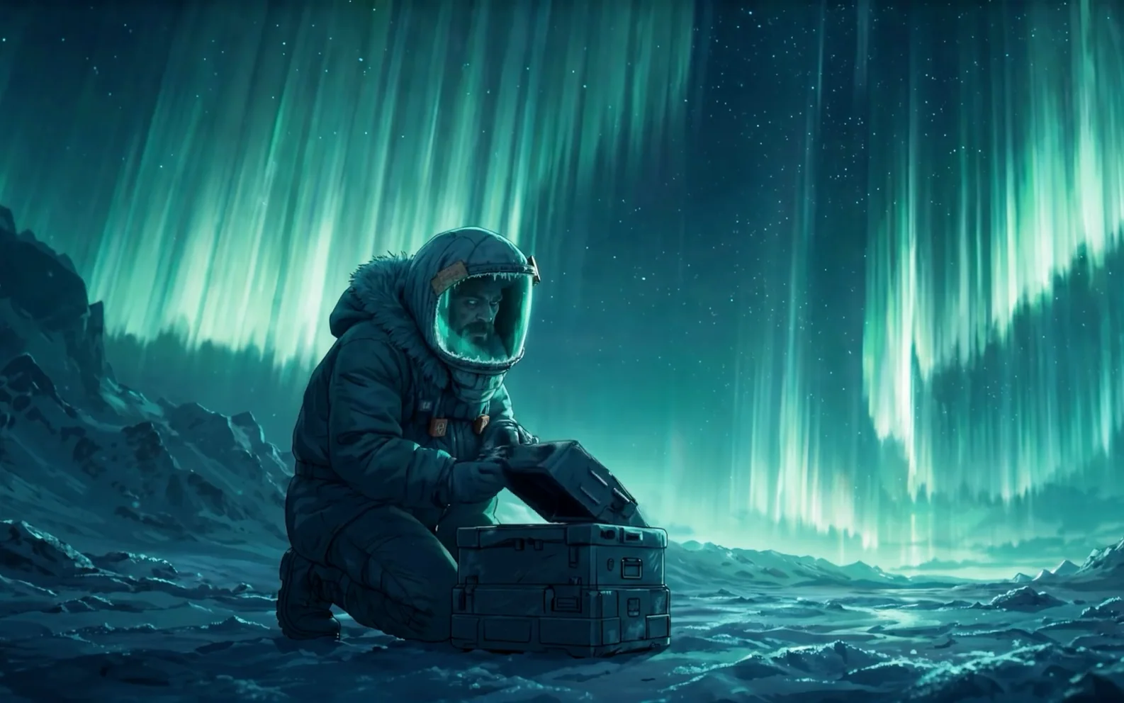 Bearded arctic explorer opening an equipment case beneath a vast turquoise aurora on a frozen plain.