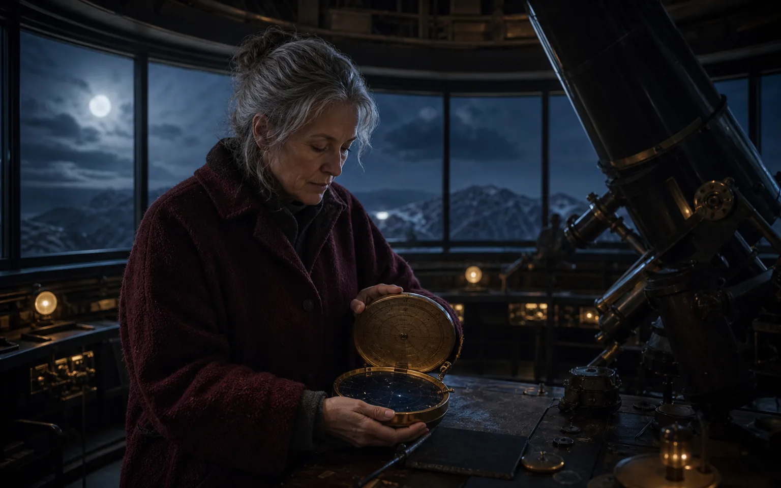Astronomer in a burgundy coat opening a brass star map case beside a telescope in a moonlit observatory.