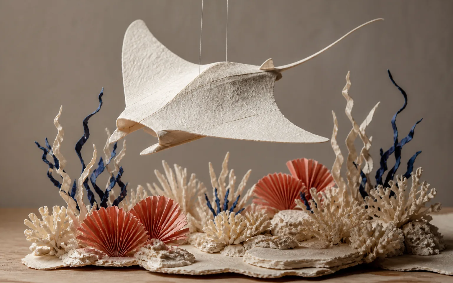 Hand-folded cream paper manta ray suspended above an intricate coral reef made from colored paper.