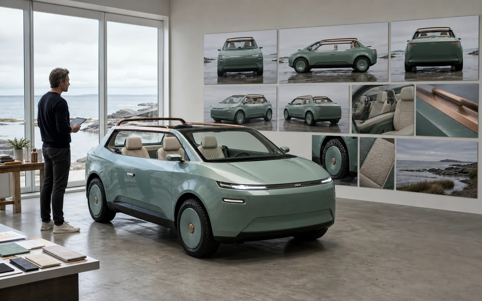 Sea-green amphibious concept vehicle beside matching angle, cabin, material, and coastal reference images.