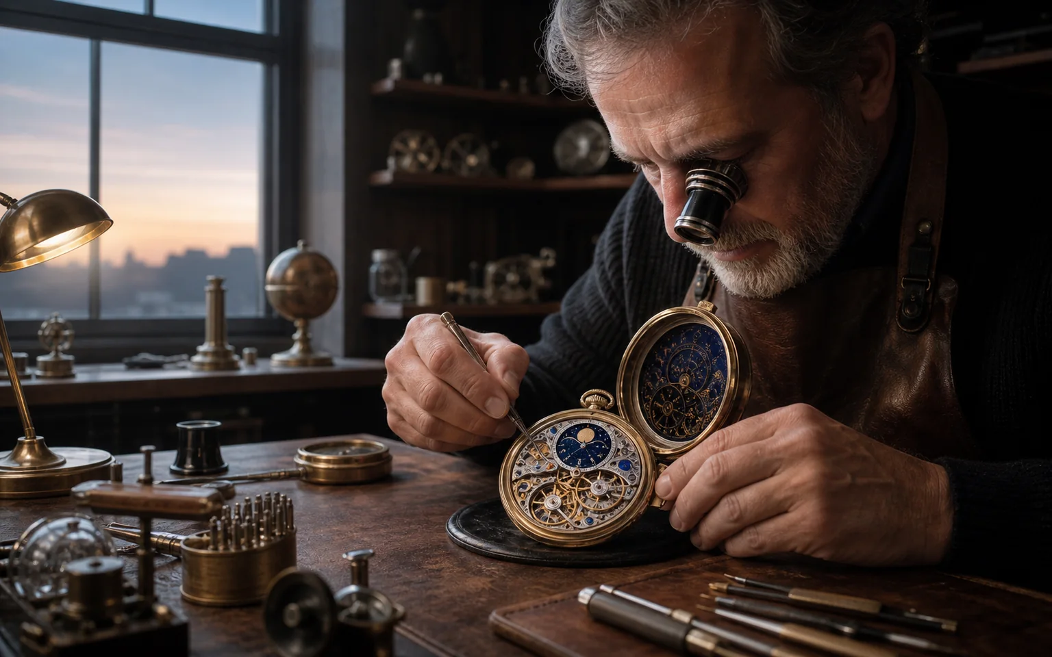 Watchmaker repairing the exposed gears of an astronomical pocket watch under a magnifying loupe.