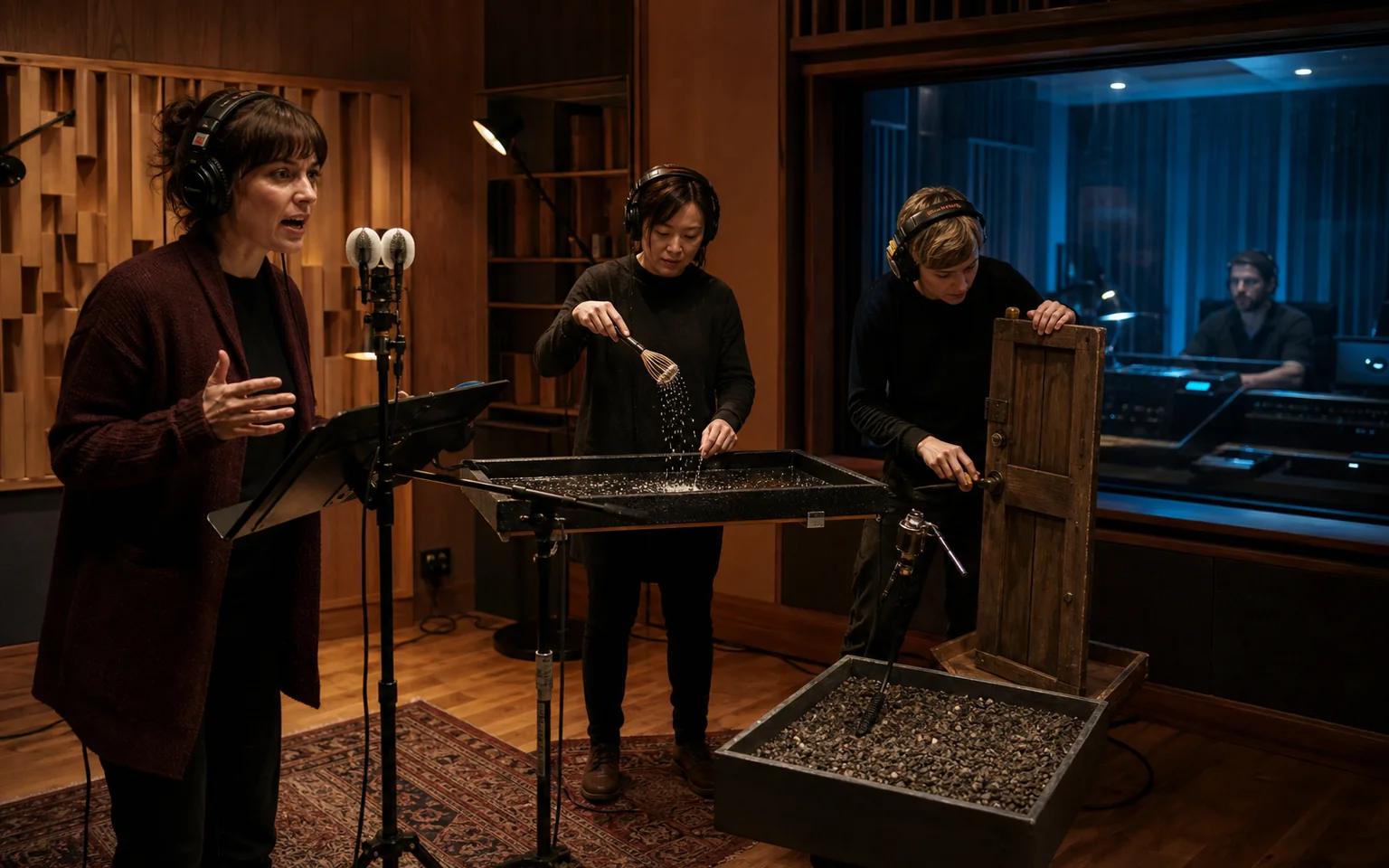 Voice actor and two foley artists recording rain, a door creak, and gravel in an acoustic studio.