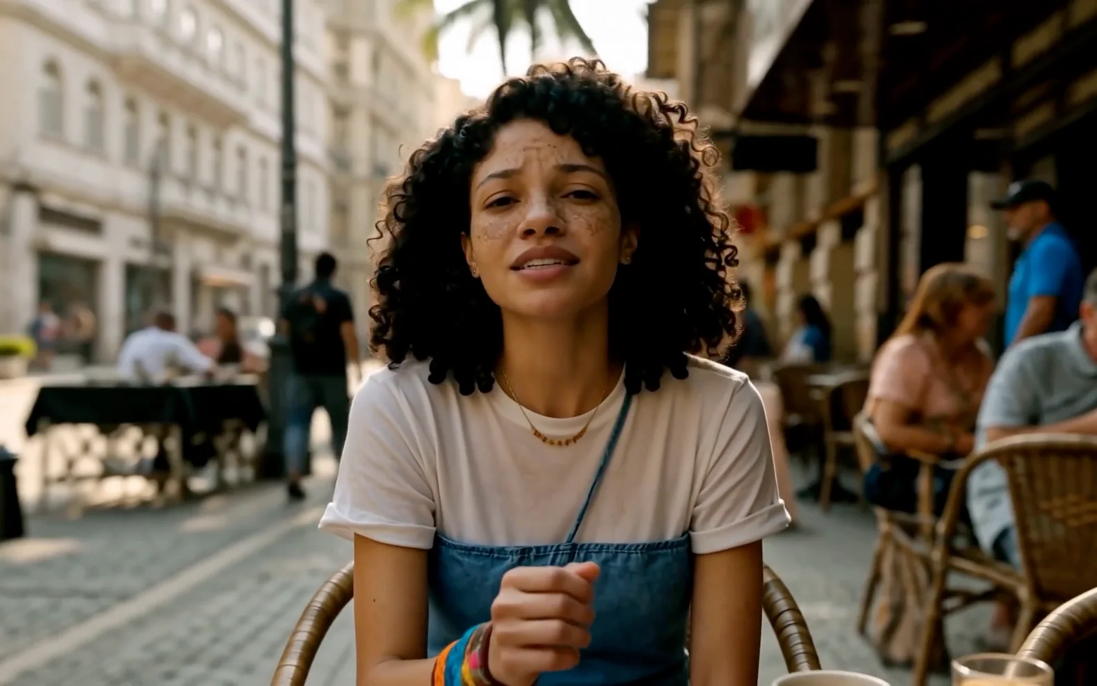 Curly-haired woman speaking to camera at a sunlit outdoor café on a busy European-style street.