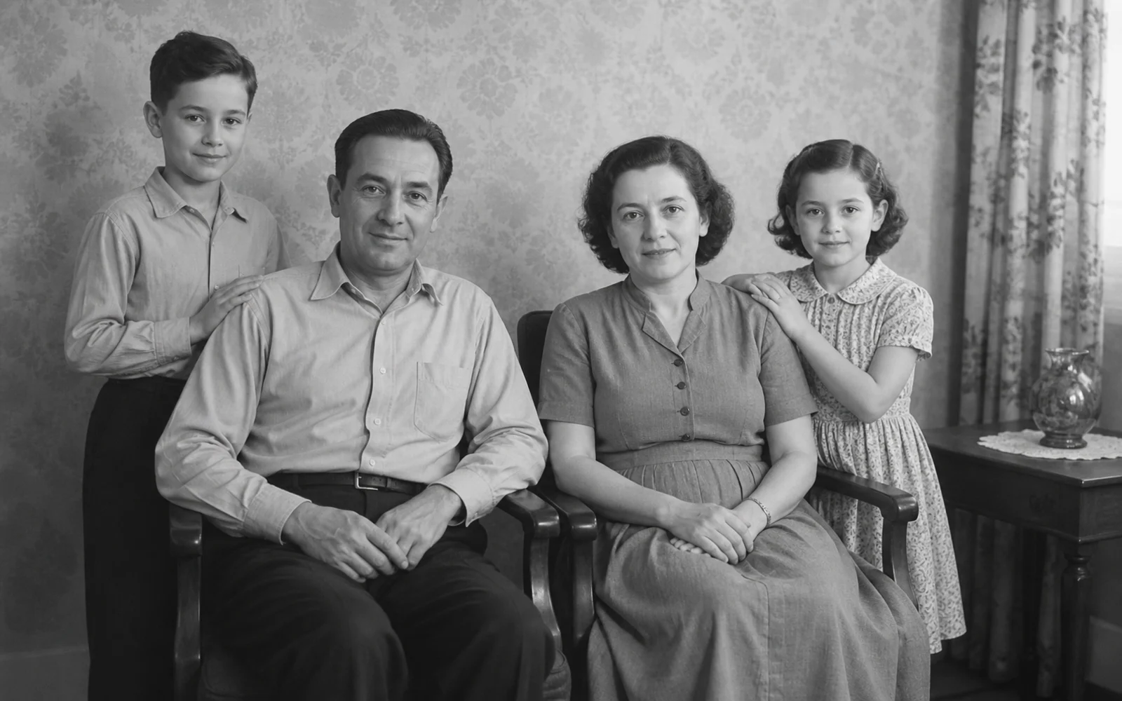 Before-and-after old photo restoration comparison showing scratches and fading reduced on a black-and-white family portrait. result