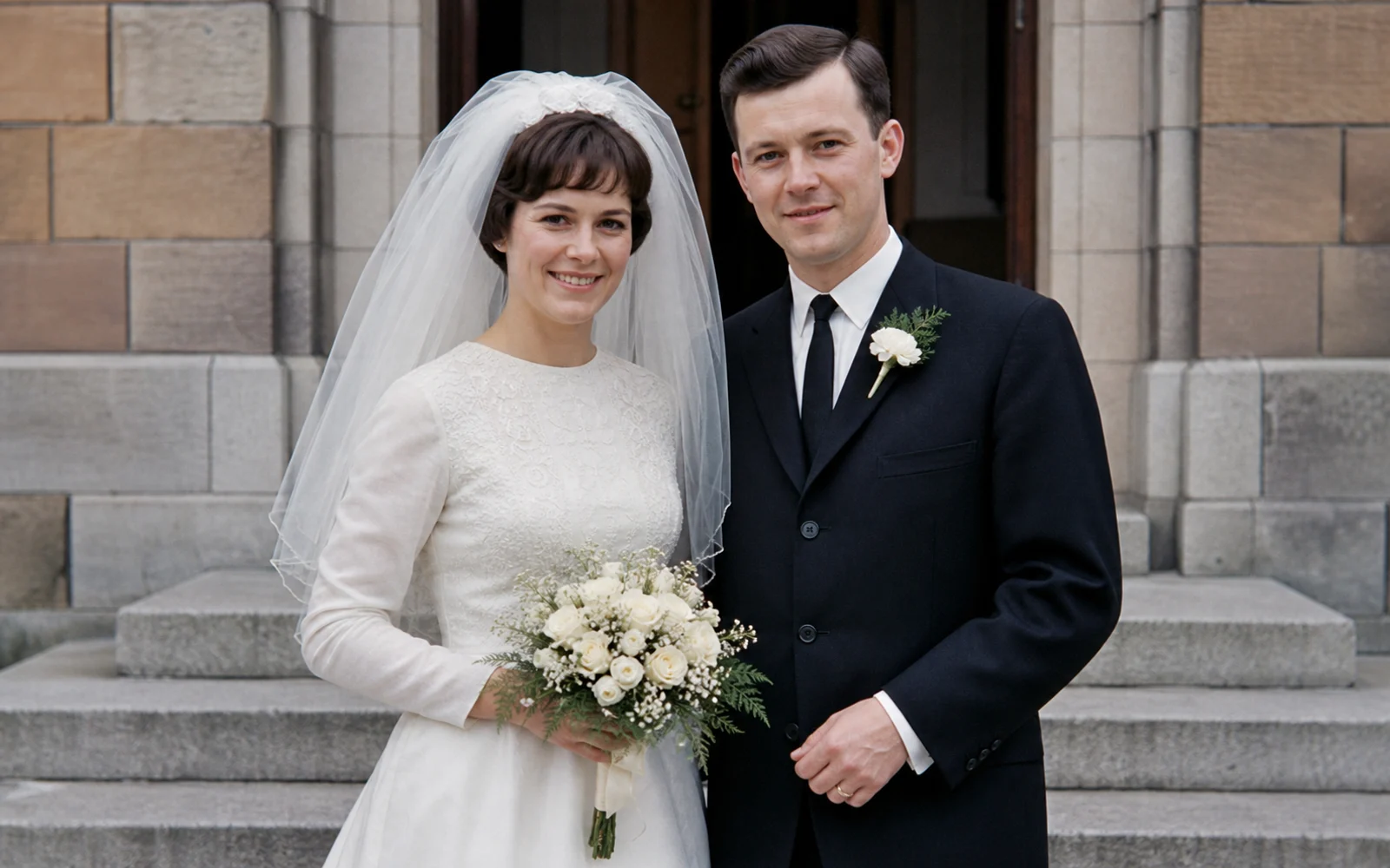 Before-and-after old photo restoration comparison showing faded color, dust, and a crease reduced on a wedding portrait.