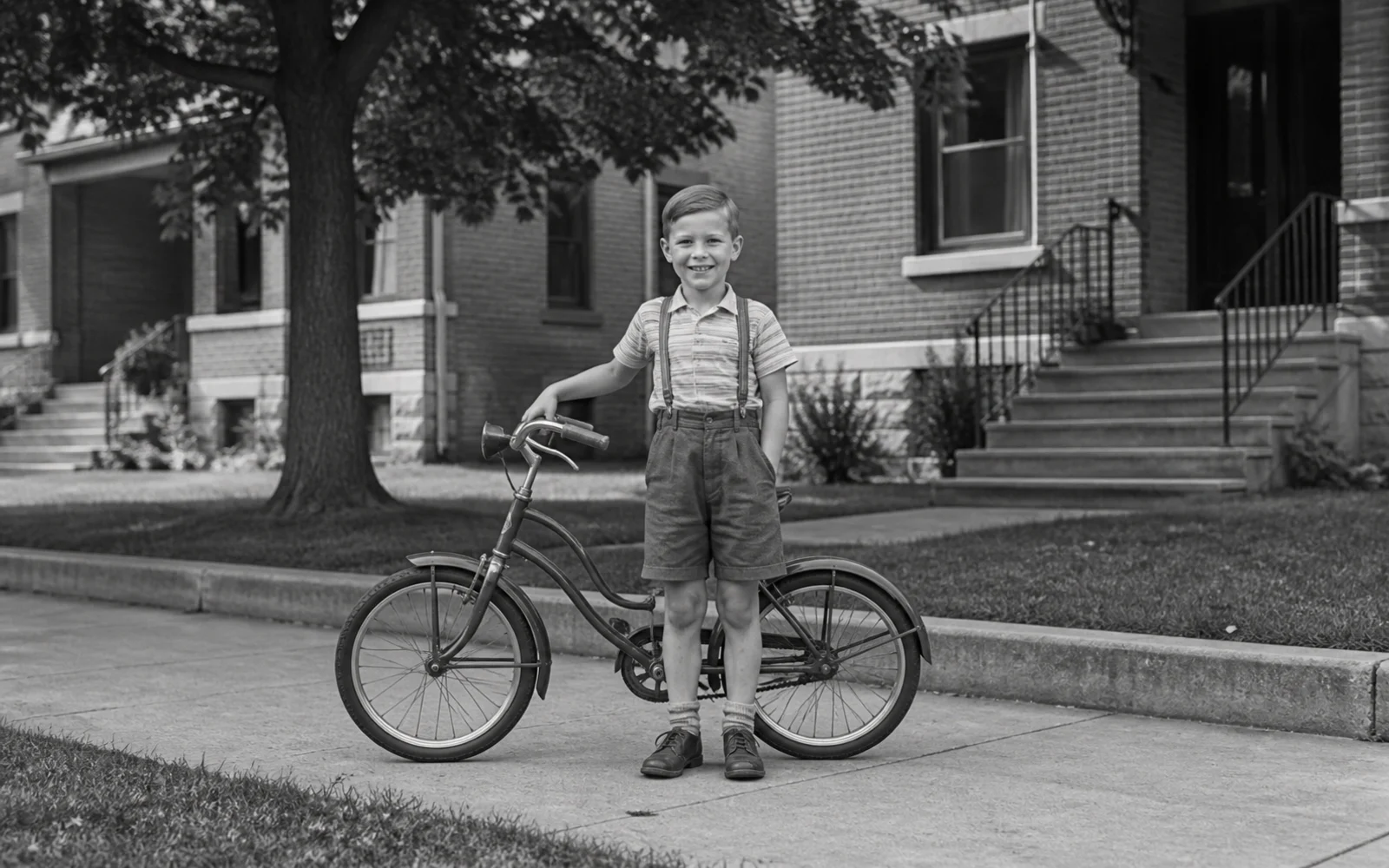 Before-and-after old photo restoration comparison showing a soft, creased childhood bicycle photo cleaned and clarified.