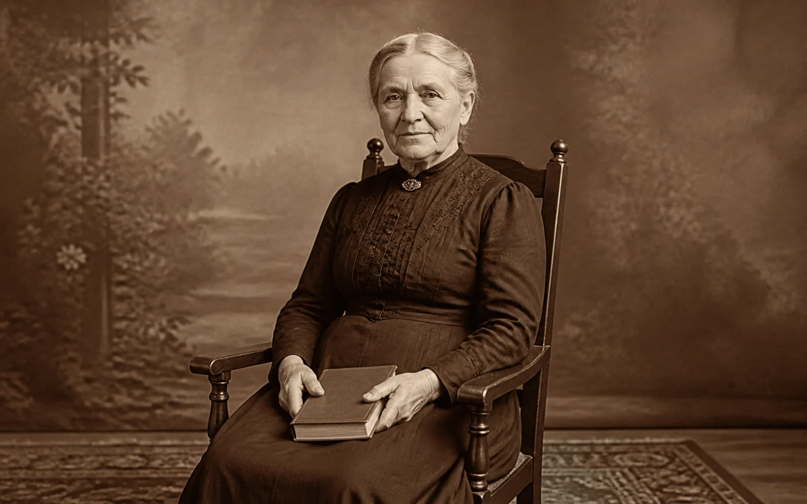 Before-and-after comparison of an antique studio portrait with scratches, creases, stains, and worn edges reduced. result