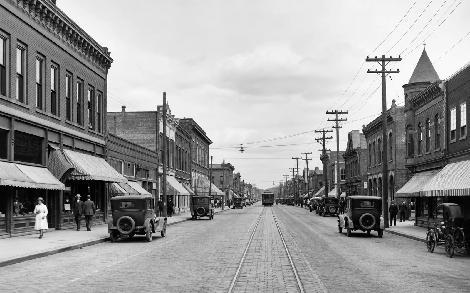 Before-and-after comparison of a faded and creased historical street photo restored for clearer architecture and street detail. result