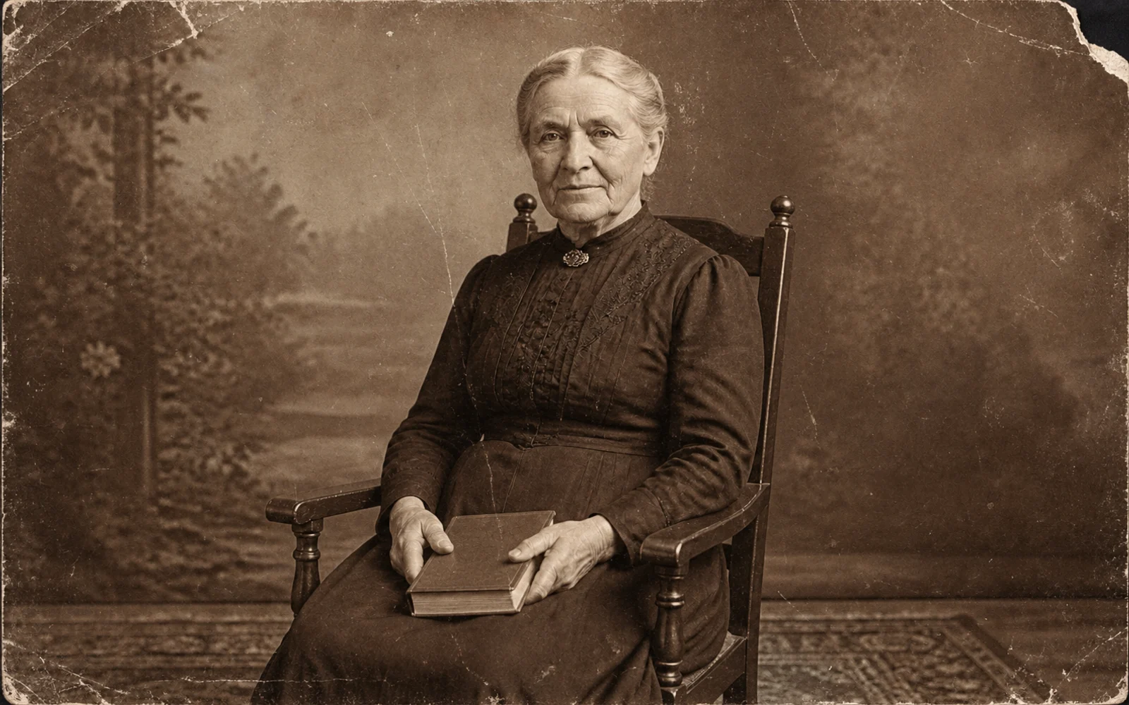 Before-and-after comparison of an antique studio portrait with scratches, creases, stains, and worn edges reduced.