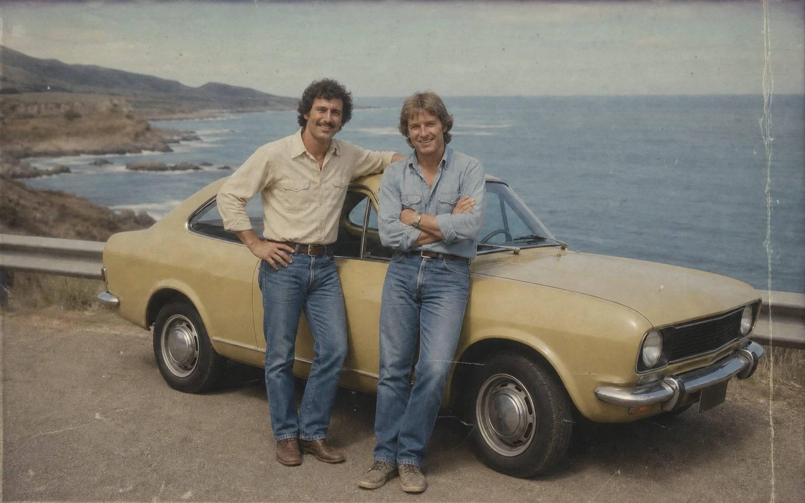 Before-and-after comparison of a faded 1970s seaside travel photo with more balanced color and contrast.