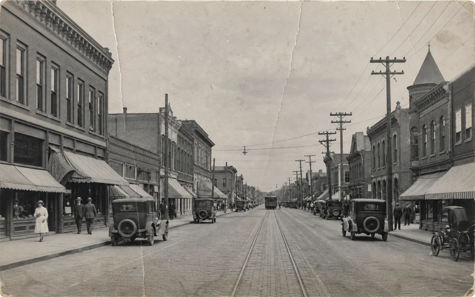 Before-and-after comparison of a faded and creased historical street photo restored for clearer architecture and street detail.