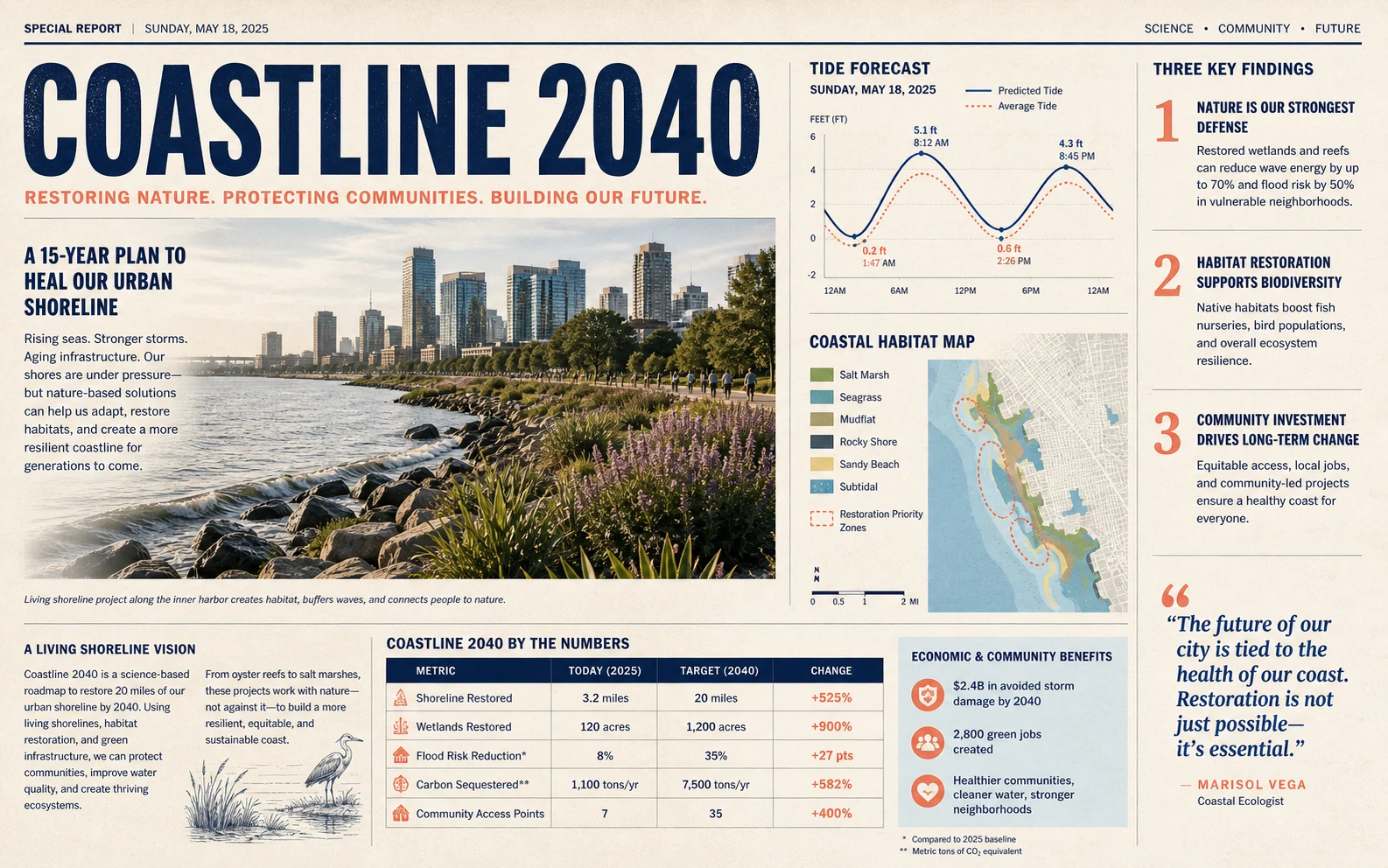 Editorial coastal science newspaper spread with maps, charts, photographs, and a clear reading hierarchy.