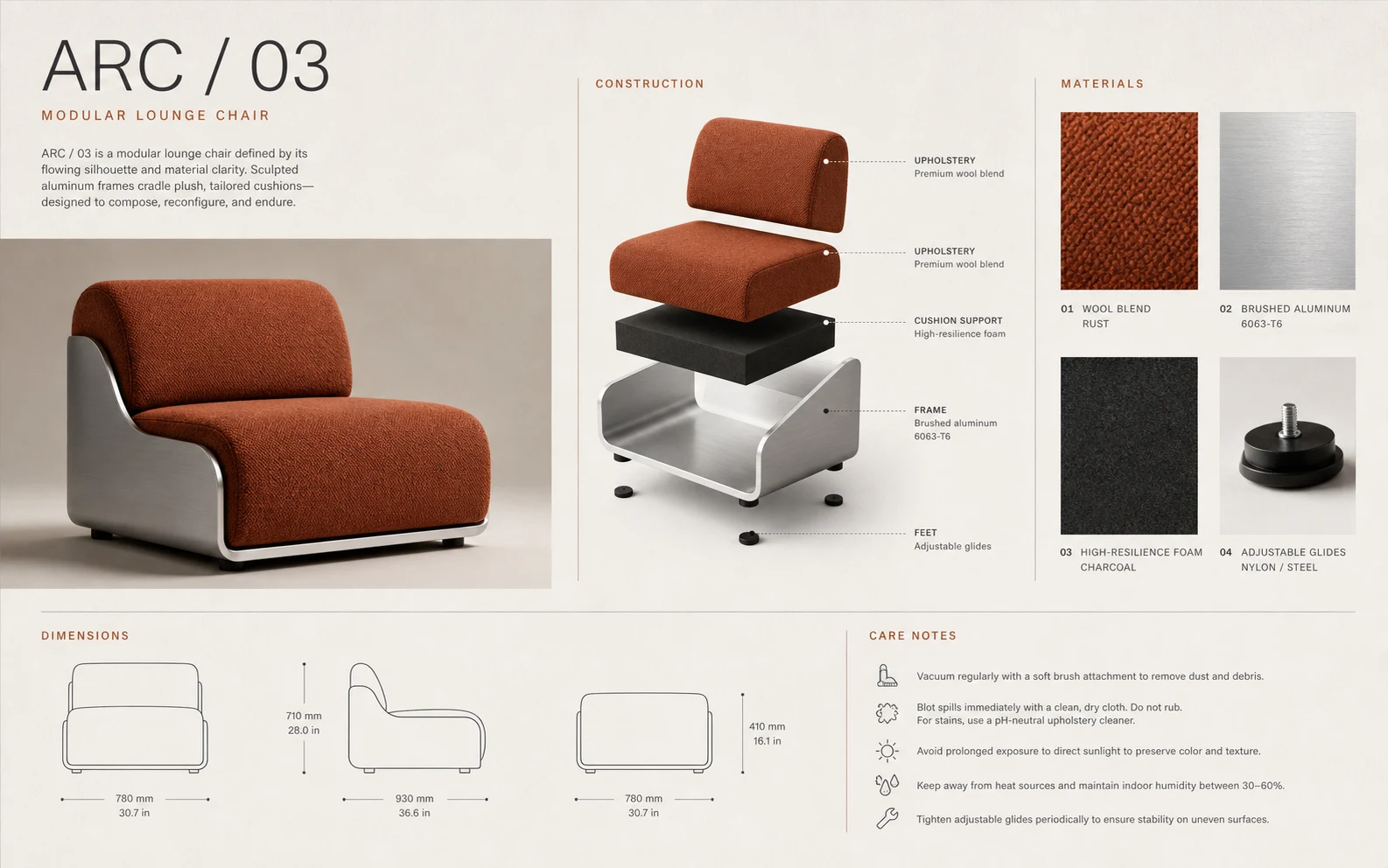 Premium material catalog featuring modular furniture, sample swatches, dimensions, and concise labels.