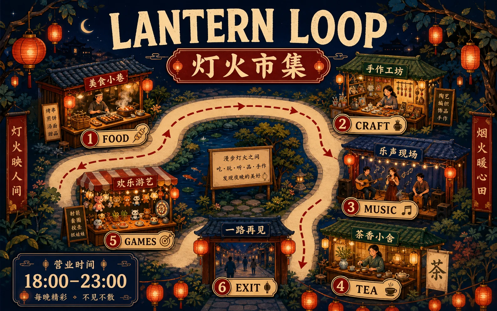 Colorful multilingual night market guide with illustrated stalls, route markers, and concise labels.
