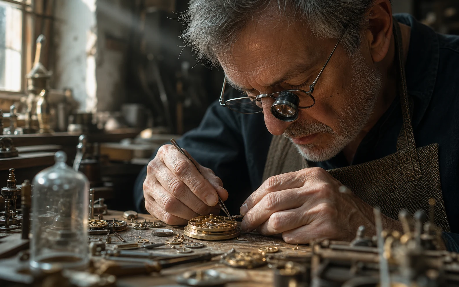 Photorealistic watchmaker portrait with detailed skin, hair, metal gears, glass, and workshop materials.