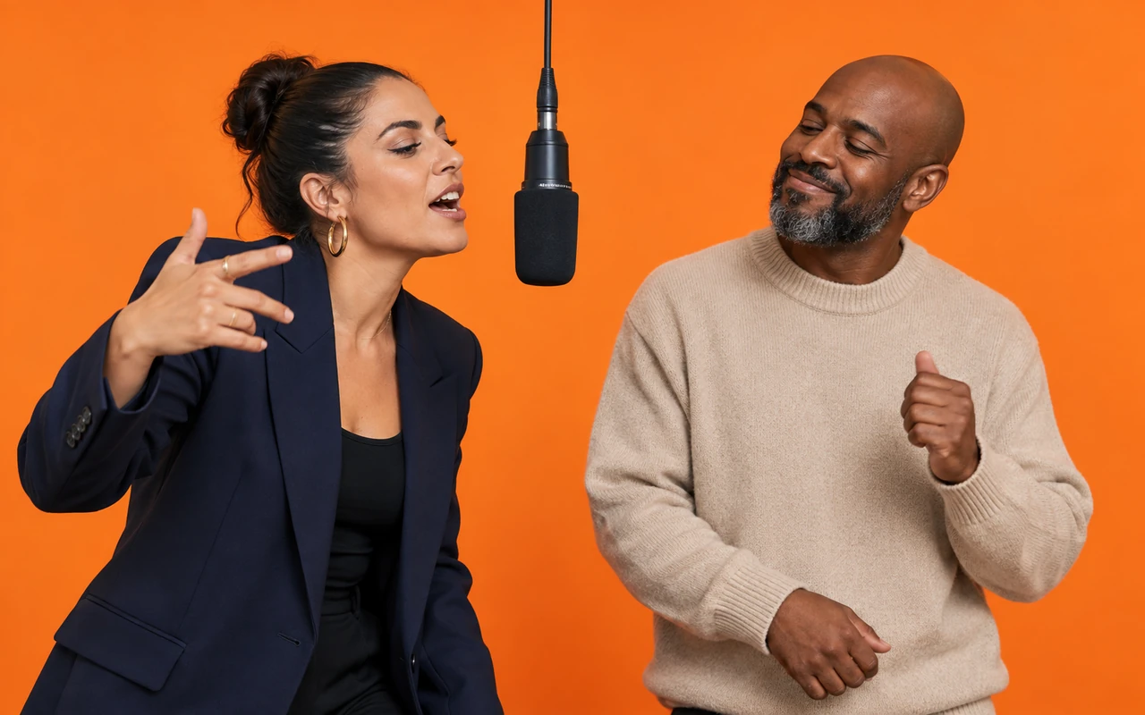 One coworker leaning into the microphone while the other listens and nods