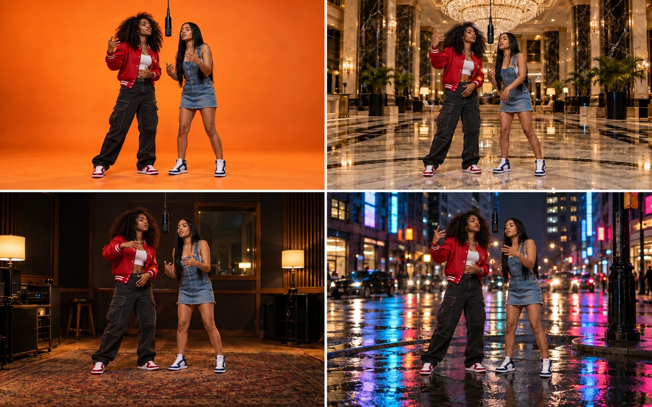 The same two sisters rapping in four stages: orange booth, luxury lobby, studio booth, and street cypher