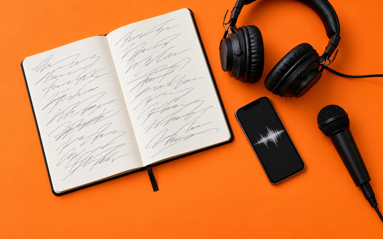 A lyric notebook, headphones, and a phone showing an audio waveform on an orange desk