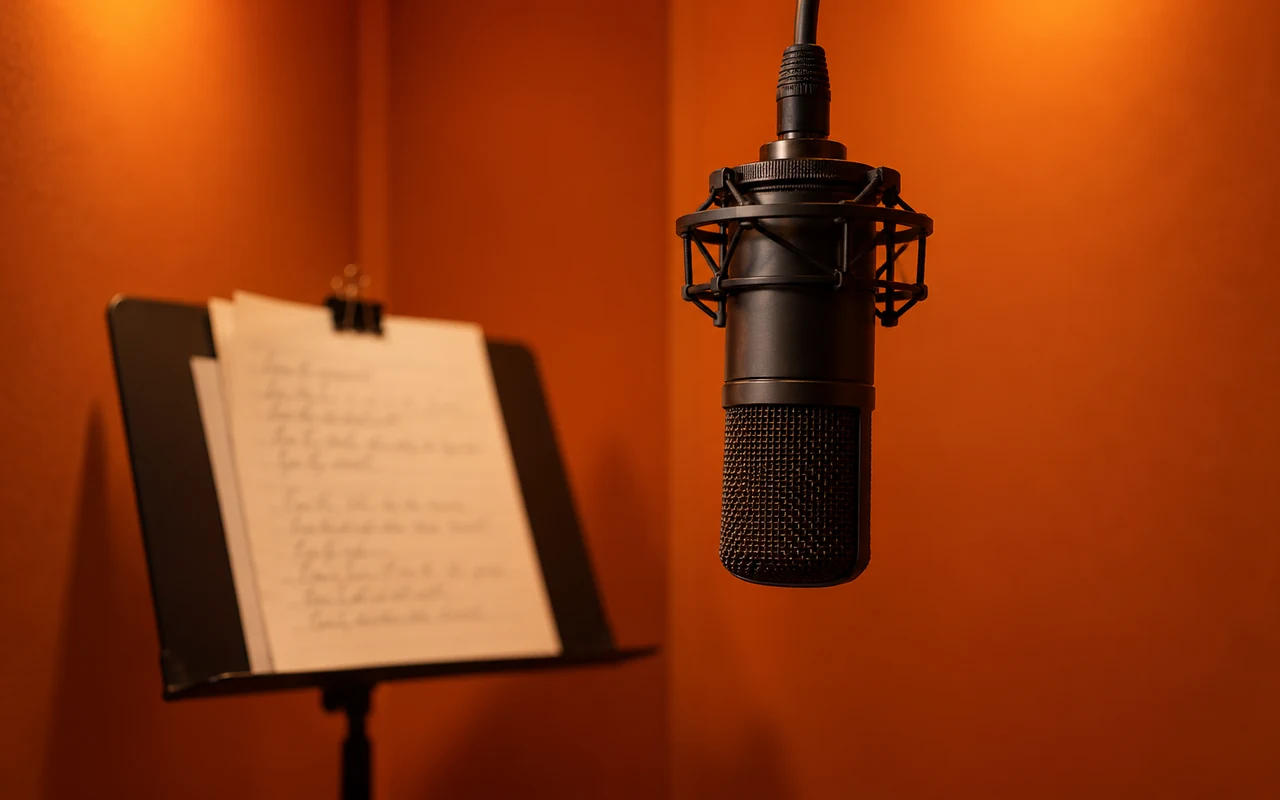 Close-up of a hanging studio microphone with a handwritten lyric sheet behind it