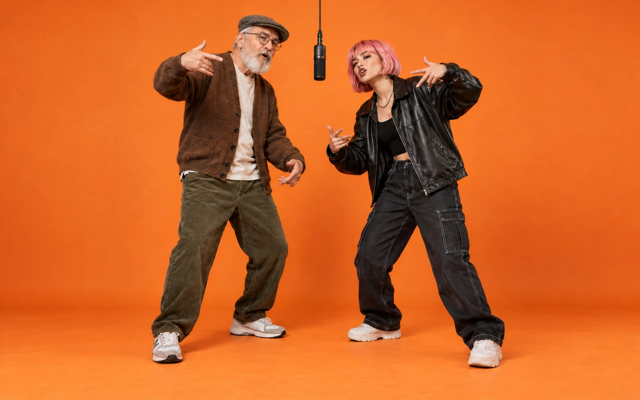 A grandfather in a flat cap and his granddaughter in a leather jacket rapping at one microphone