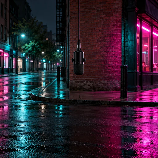 City street corner at night with one hanging microphone
