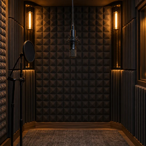 Recording studio booth with acoustic panels and one microphone