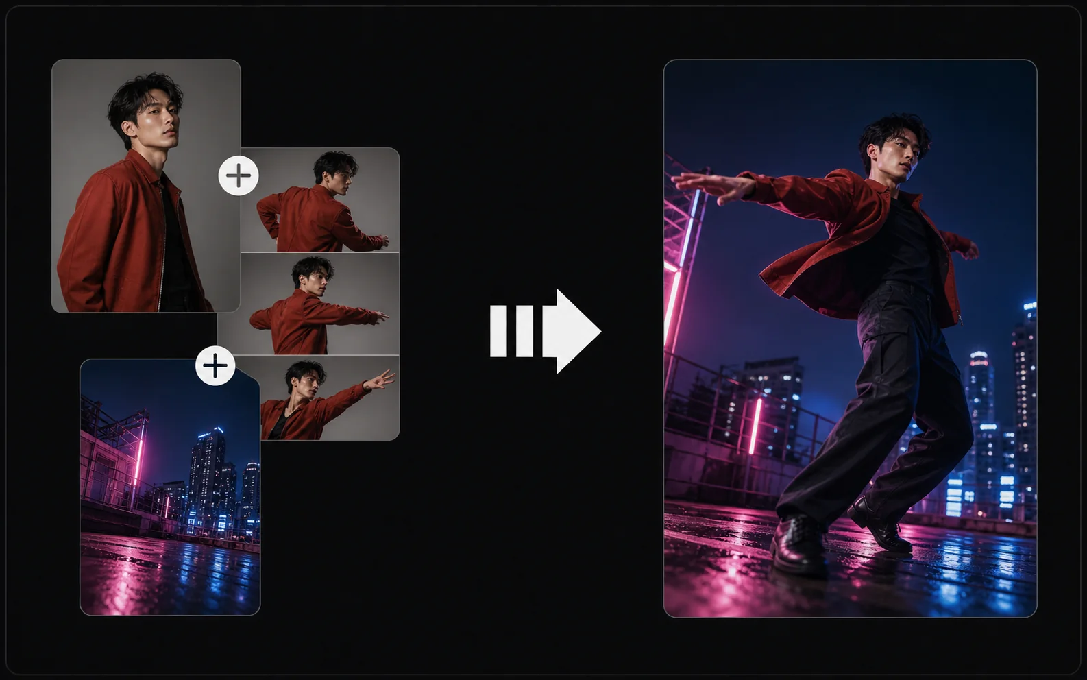 Dancer identity, motion sequence, and rooftop camera angle combined into an action video result